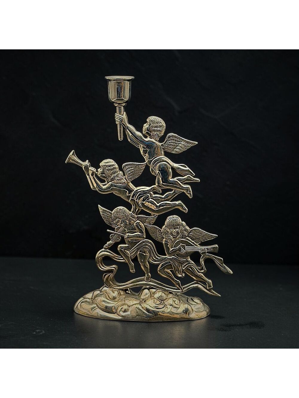 Vtg. Godinger Silver Plated Cherub Angel Musicians Candlestick Candle Holder 10"